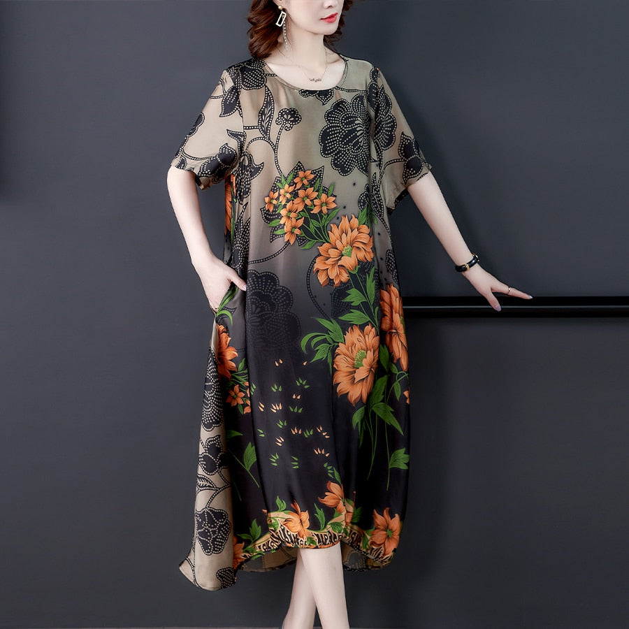 Women Plus Size Loose Silk Flower Print Dress