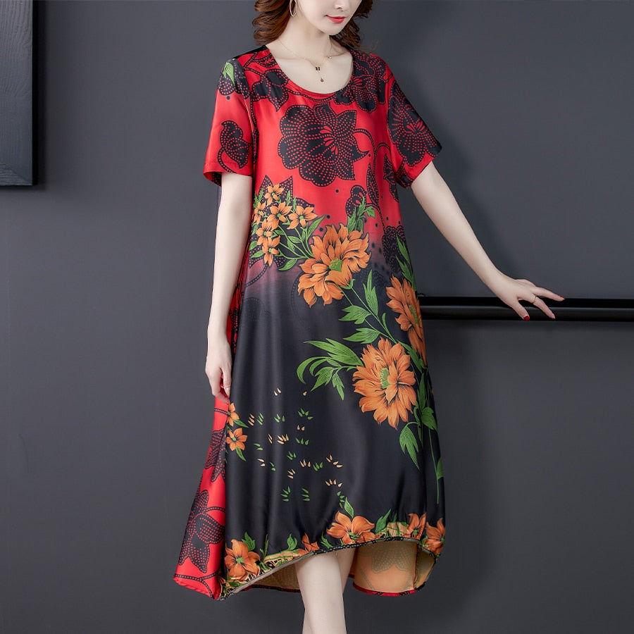 Women Plus Size Loose Silk Flower Print Dress