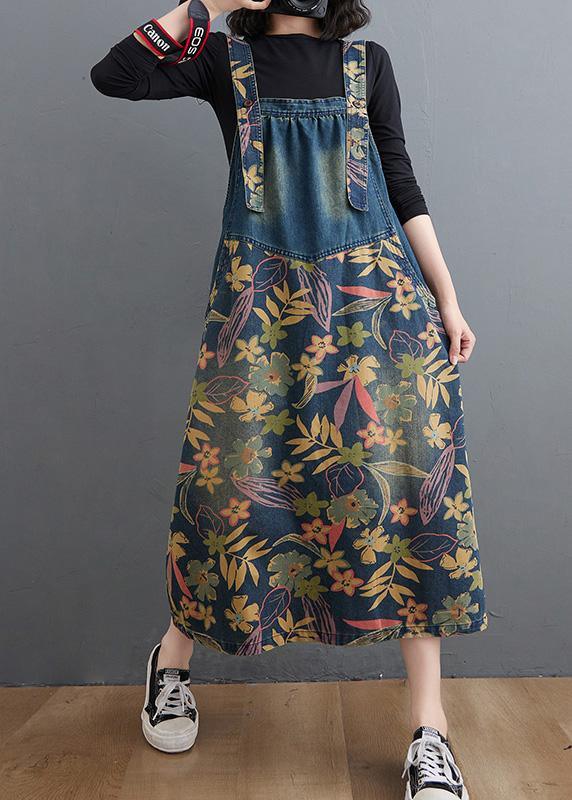 Women Pockets Fine Maxi Coat Denim Blue Print Vestidos De Lino Dress - Omychic