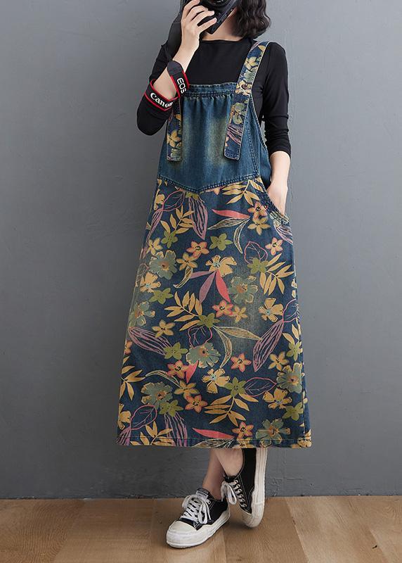 Women Pockets Fine Maxi Coat Denim Blue Print Vestidos De Lino Dress - Omychic