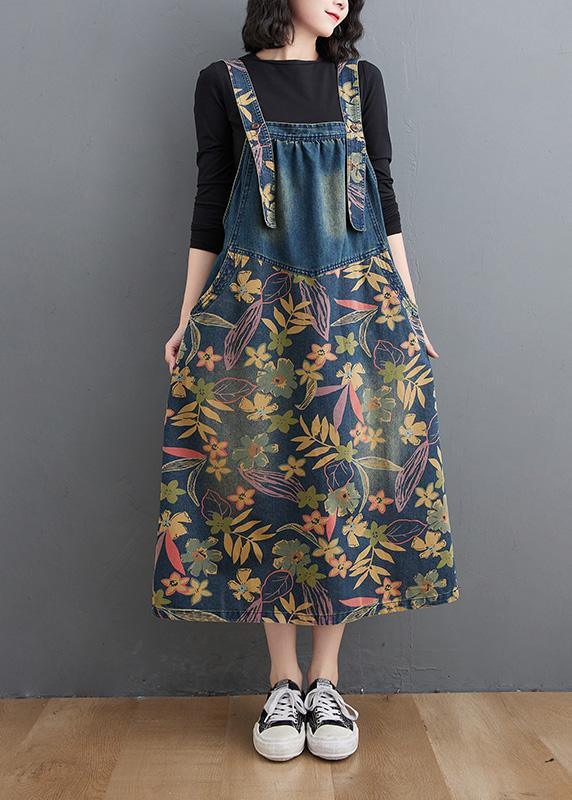 Women Pockets Fine Maxi Coat Denim Blue Print Vestidos De Lino Dress - Omychic