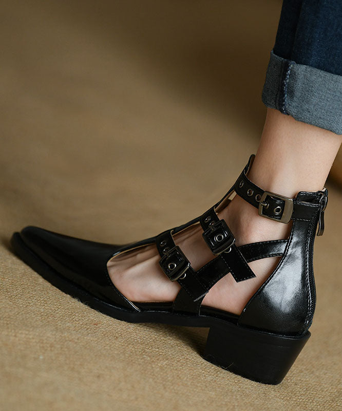 Women Pointed Toe Zippered Splicing Chunky Sandals Black Cowhide Leath ...
