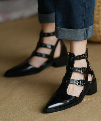 Black Sequined Splicing Pointed Toe Chunky Slide Sandals