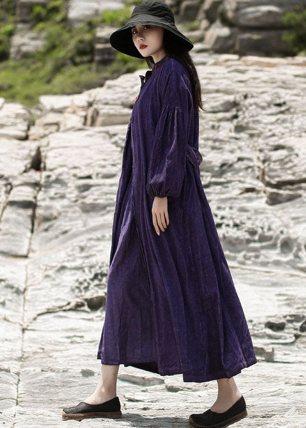 Women Purple Embroideried Pockets Corduroy Dress Spring