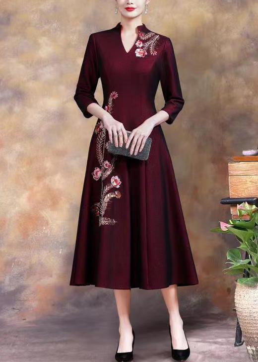 Women Purple Embroideried Sequins Cotton Long Dress Fall