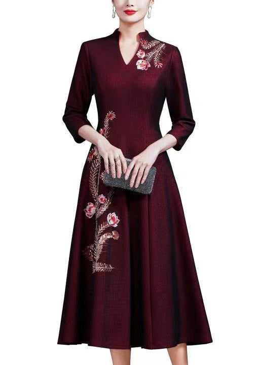 Women Purple Embroideried Sequins Cotton Long Dress Fall