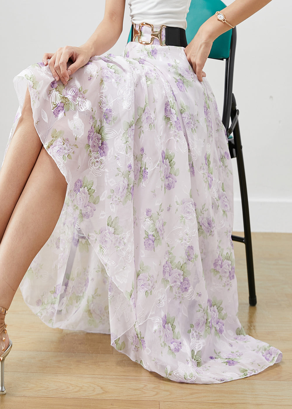 Women Purple Floral Print Chiffon A Line Skirts Fall