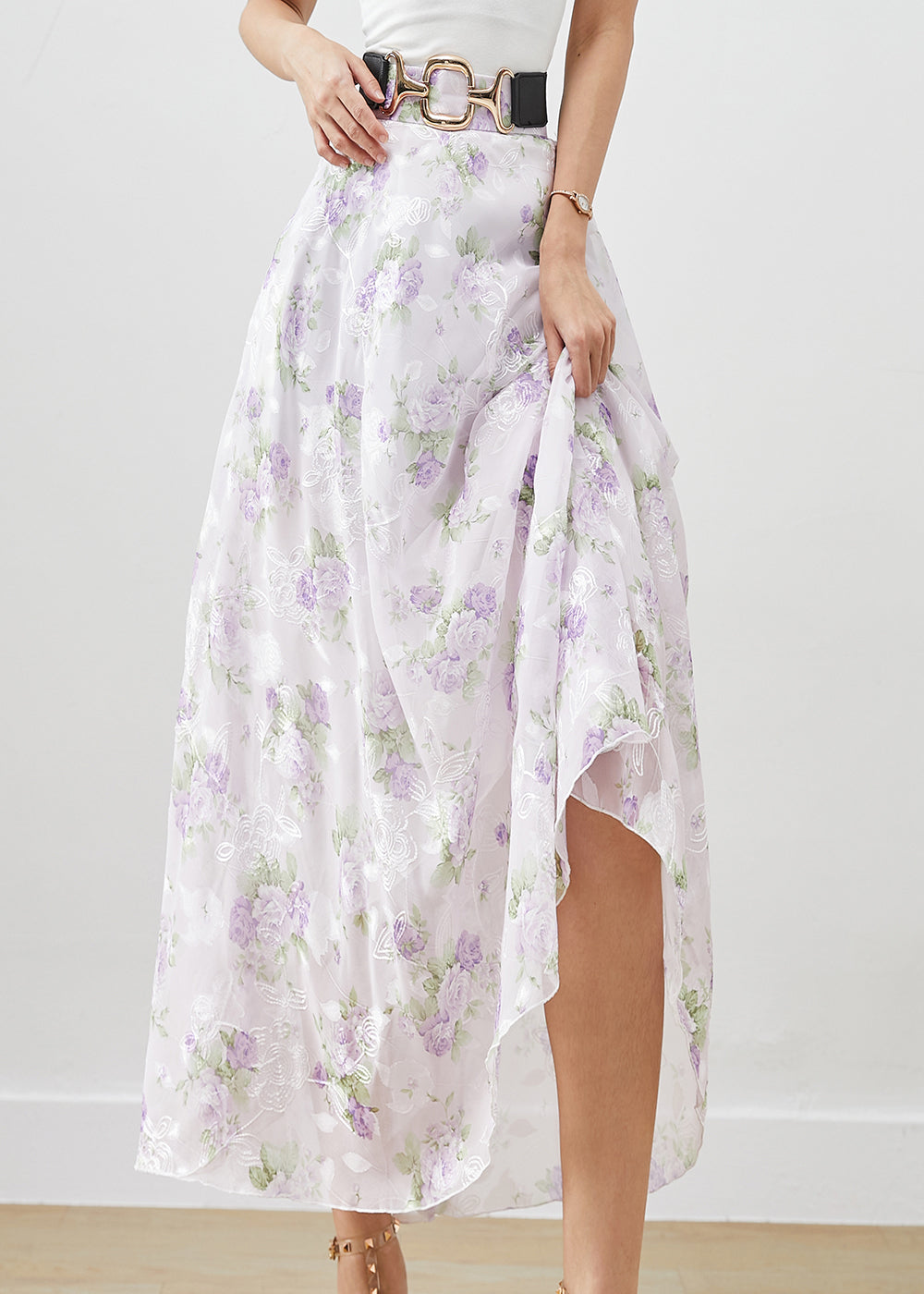 Women Purple Floral Print Chiffon A Line Skirts Fall