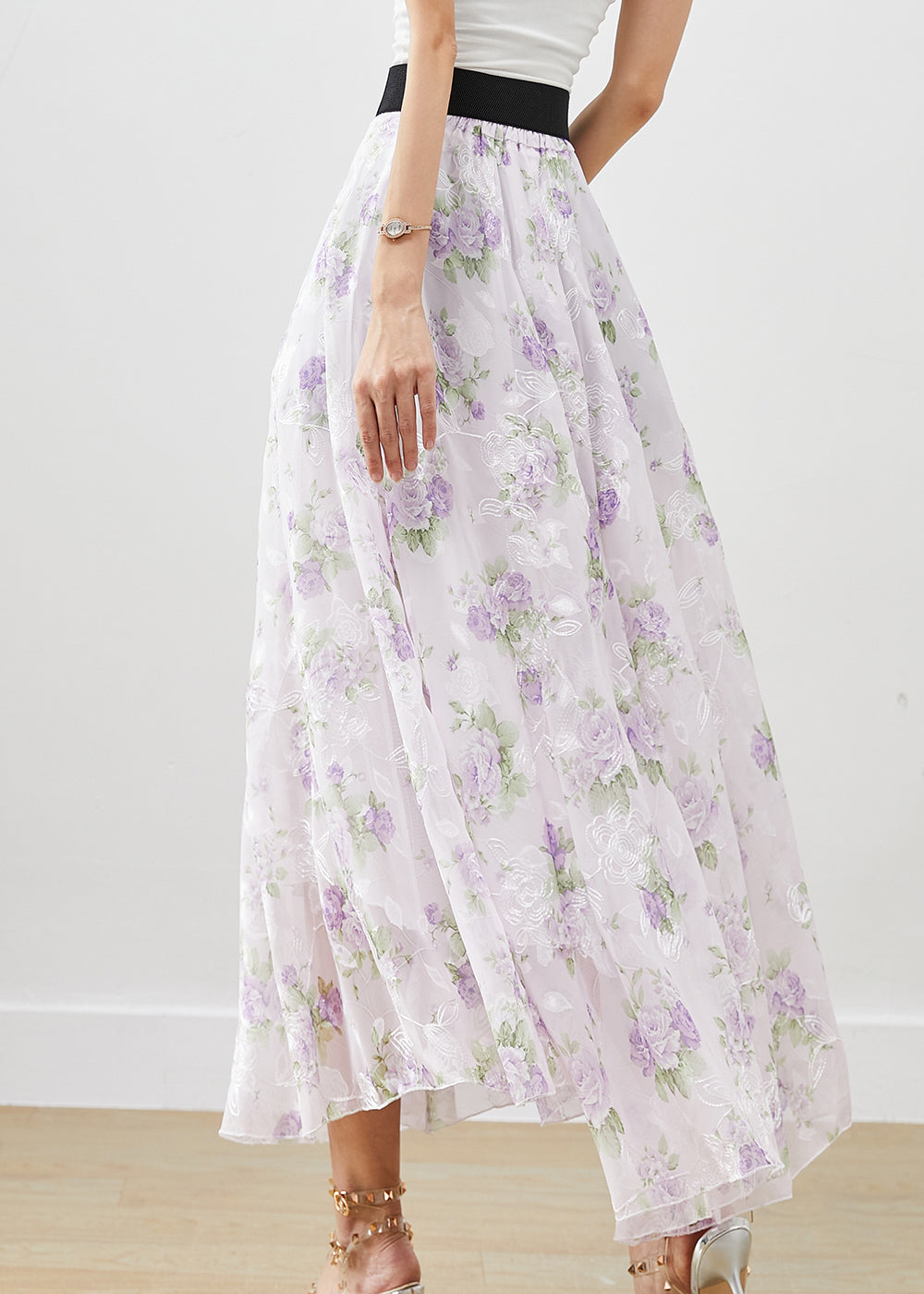 Women Purple Floral Print Chiffon A Line Skirts Fall