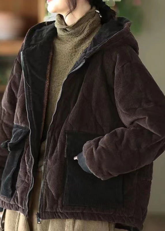 Women Purple Hooded Pockets Corduroy Fleece Wool Lined Jacket Winter