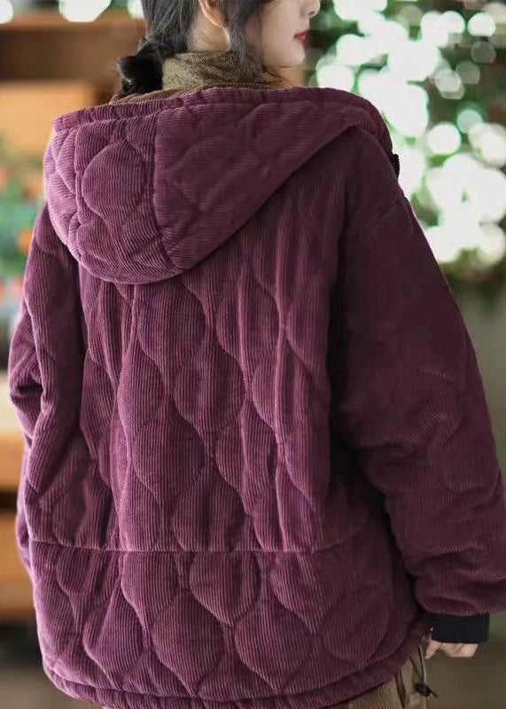 Women Purple Hooded Pockets Corduroy Fleece Wool Lined Jacket Winter