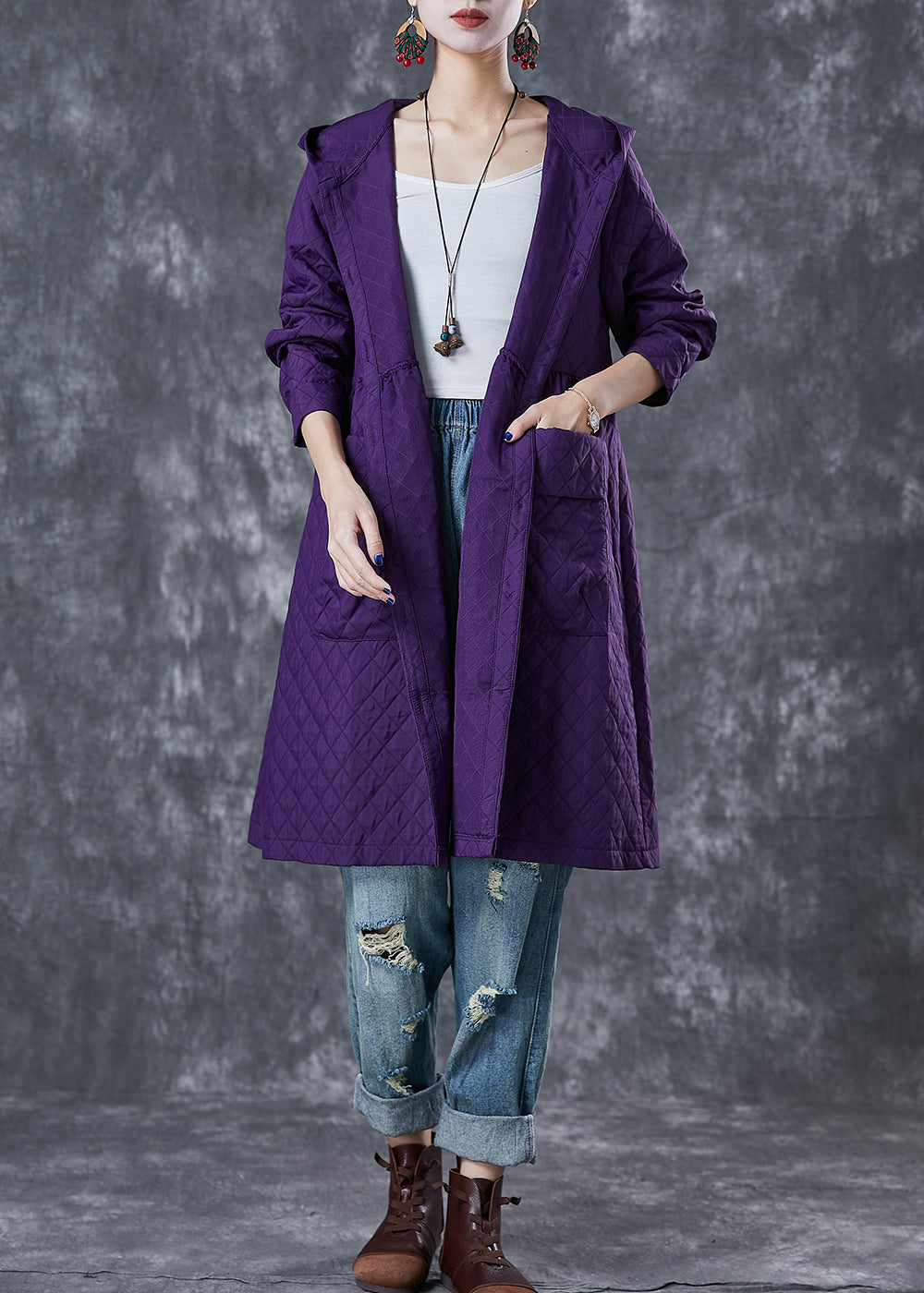 Women Purple Hooded Pockets Cotton Tench Coats Fall