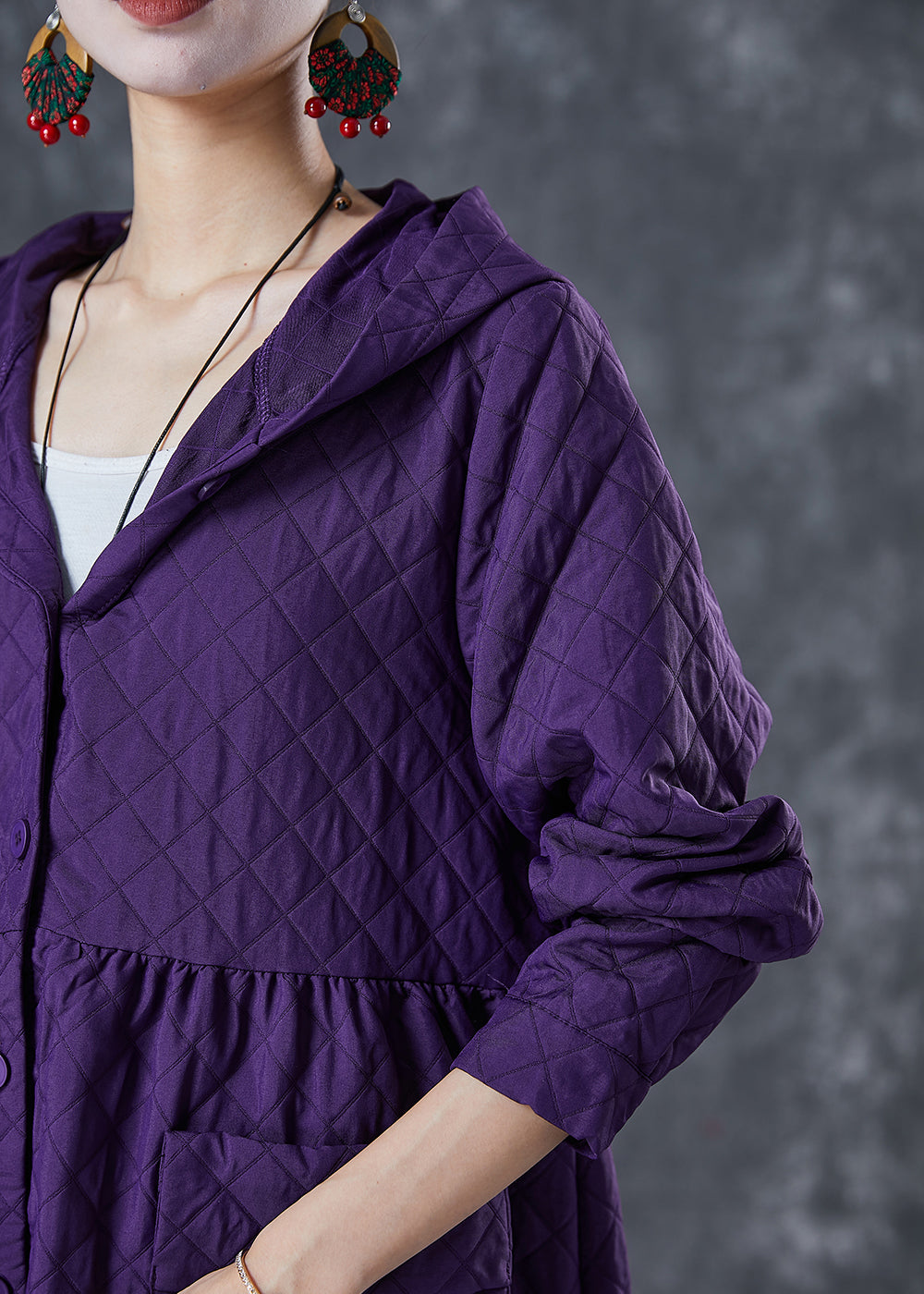 Women Purple Hooded Pockets Cotton Tench Coats Fall