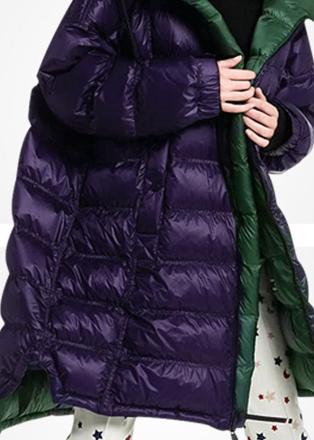 Women Purple Hooded Zippered Duck Down Puffer Coat Winter