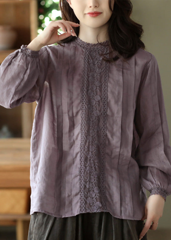 Women Purple Lace Patchwork Solid Ramie Shirt Long Sleeve