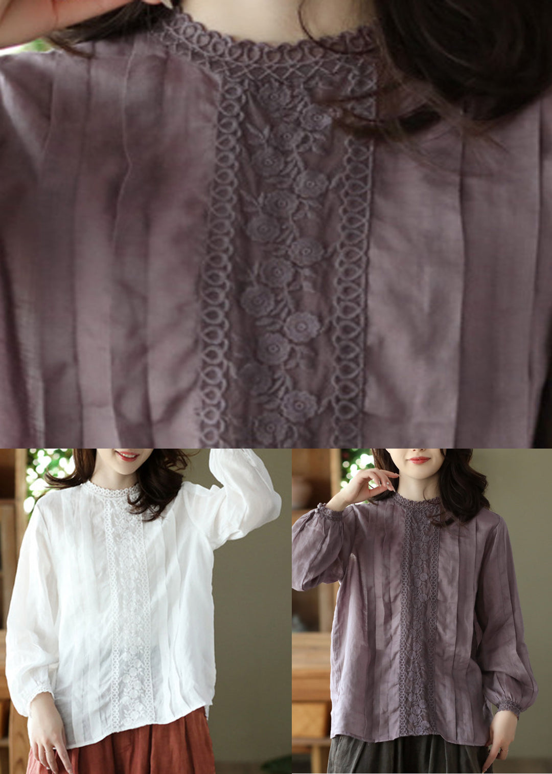Women Purple Lace Patchwork Solid Ramie Shirt Long Sleeve