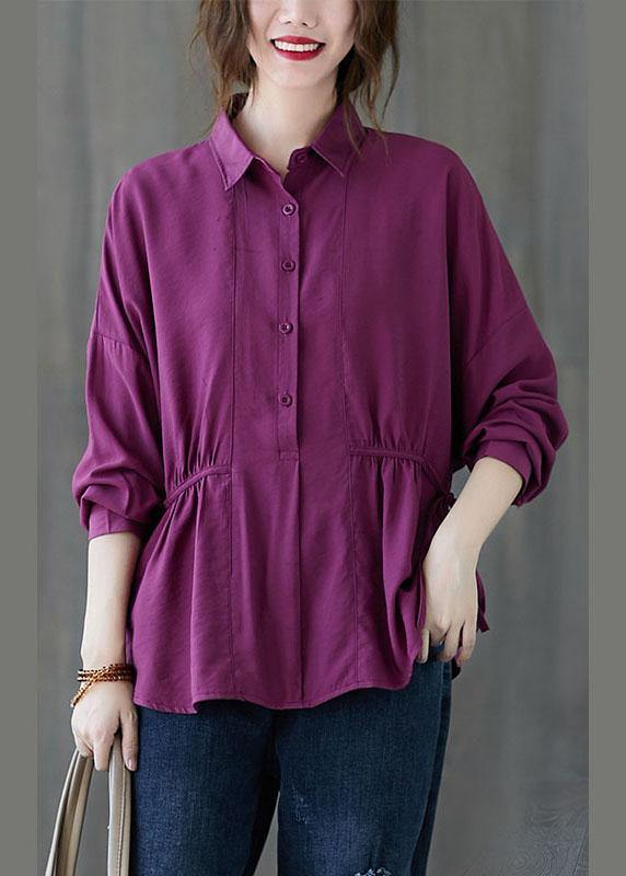 Women Purple Loose Button tie waist Fall Shirt Long sleeve - Omychic