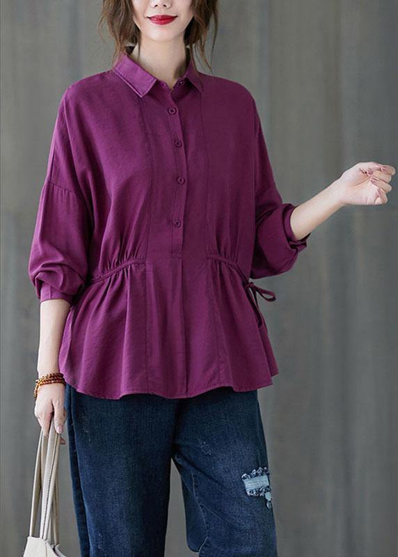Women Purple Loose Button tie waist Fall Shirt Long sleeve - Omychic