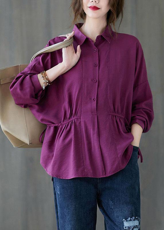 Women Purple Loose Button tie waist Fall Shirt Long sleeve - Omychic