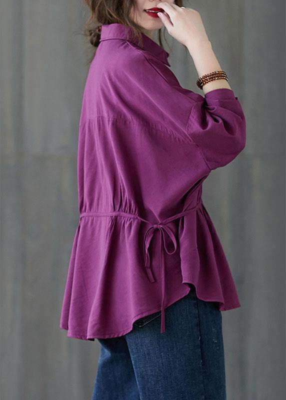 Women Purple Loose Button tie waist Fall Shirt Long sleeve - Omychic