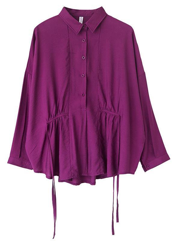 Women Purple Loose Button tie waist Fall Shirt Long sleeve - Omychic
