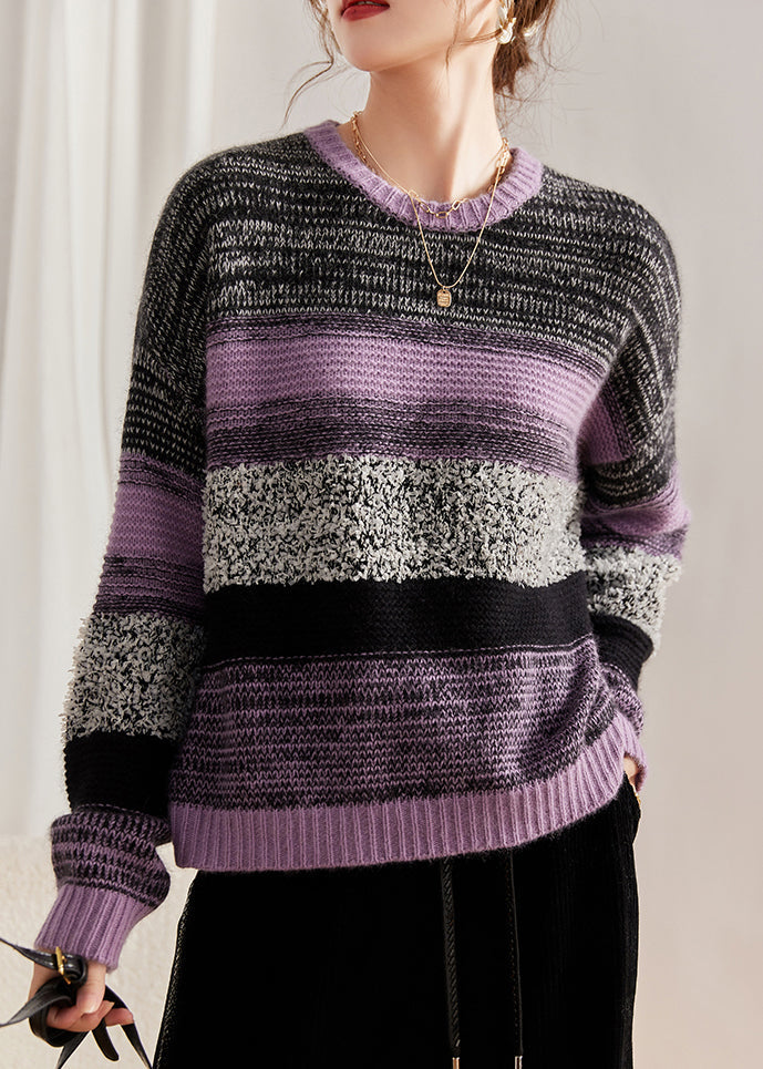 Women Purple O Neck Patchwork Cozy Cotton Knit Sweaters Fall