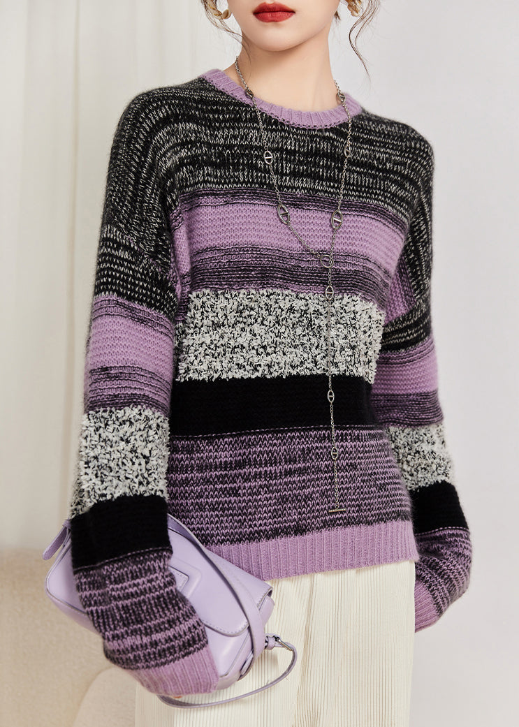 Women Purple O Neck Patchwork Cozy Cotton Knit Sweaters Fall