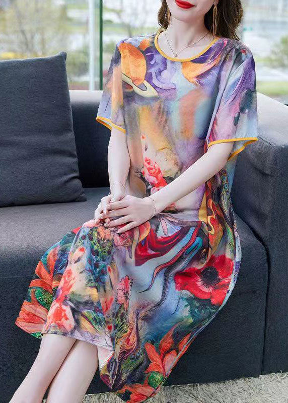 Women Purple O Neck Print Patchwork Chiffon Dress Summer