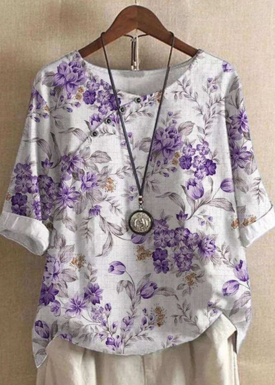 Women Purple O Neck Print Patchwork Linen T Shirts Tops Summer