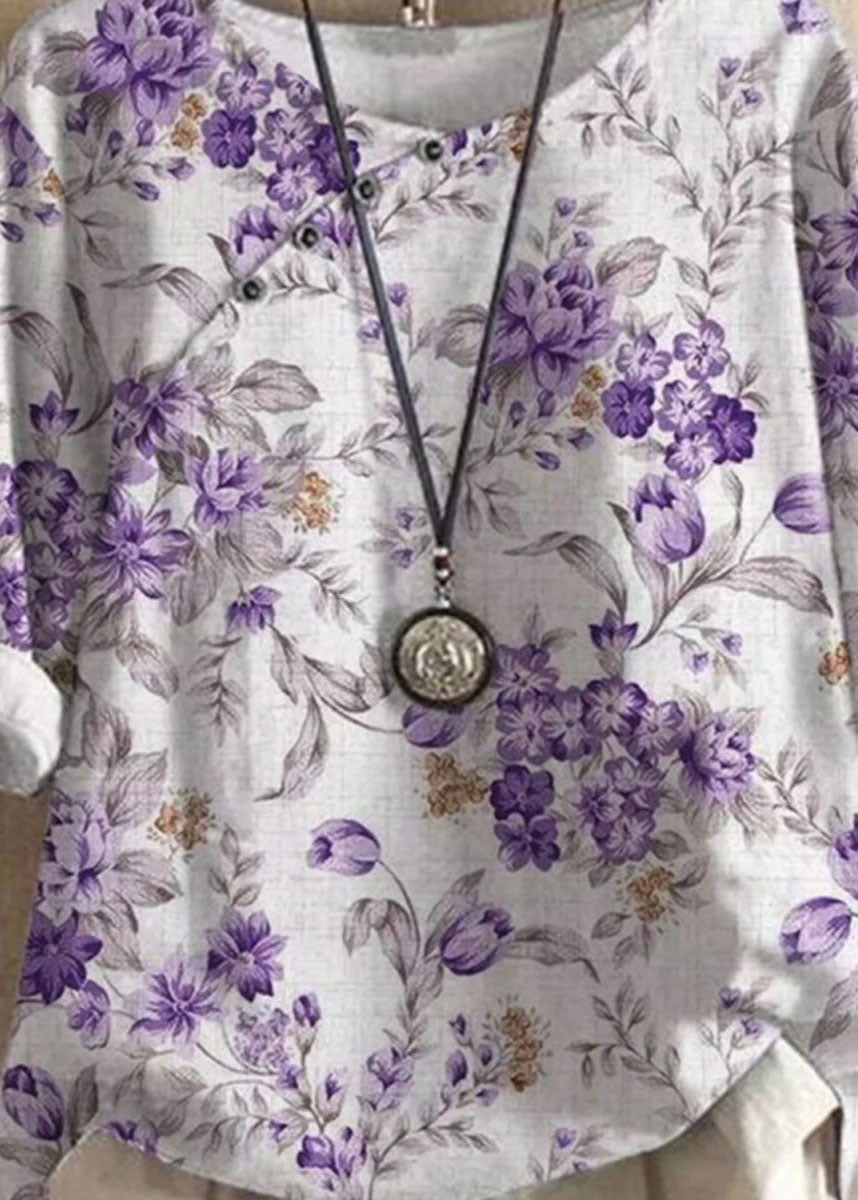 Women Purple O Neck Print Patchwork Linen T Shirts Tops Summer