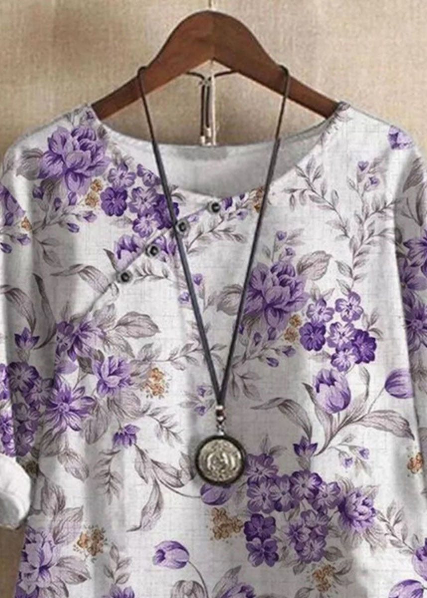 Women Purple O Neck Print Patchwork Linen T Shirts Tops Summer