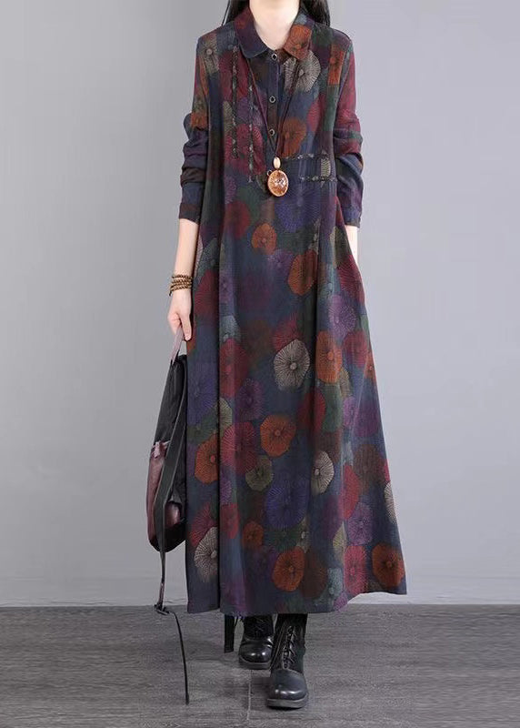 Women Purple Peter Pan Collar Patchwork Cotton Maxi Dresses Fall