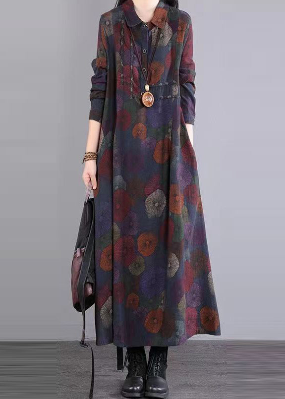 Women Purple Peter Pan Collar Patchwork Cotton Maxi Dresses Fall