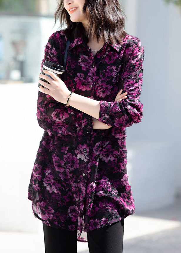 Women Purple Peter Pan Collar Print Patchwork Chiffon Shirt Top Spring