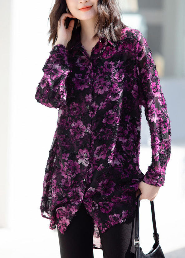 Women Purple Peter Pan Collar Print Patchwork Chiffon Shirt Top Spring