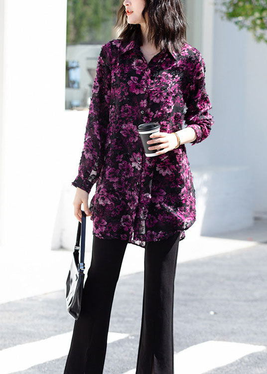 Women Purple Peter Pan Collar Print Patchwork Chiffon Shirt Top Spring