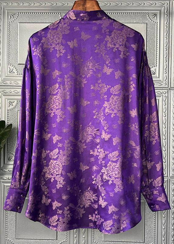 Women Purple Print Lace Up Patchwork Silk Shirts Long Sleeve