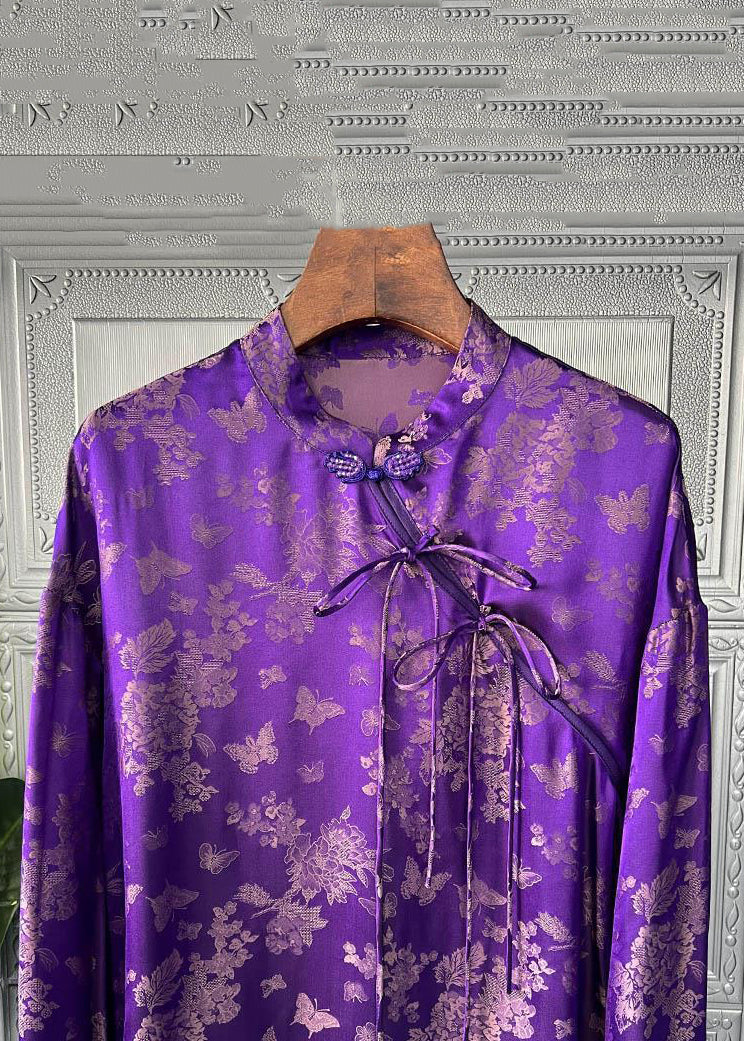 Women Purple Print Lace Up Patchwork Silk Shirts Long Sleeve