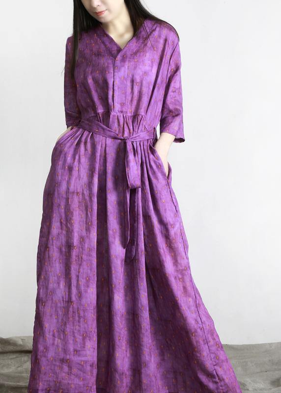 Women Purple Print Linen tie waist Summer Robe Dresses - Omychic