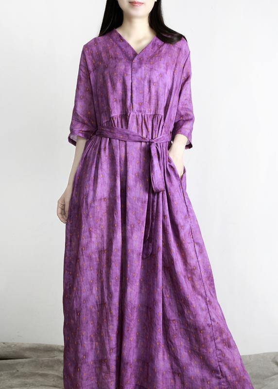 Women Purple Print Linen tie waist Summer Robe Dresses - Omychic