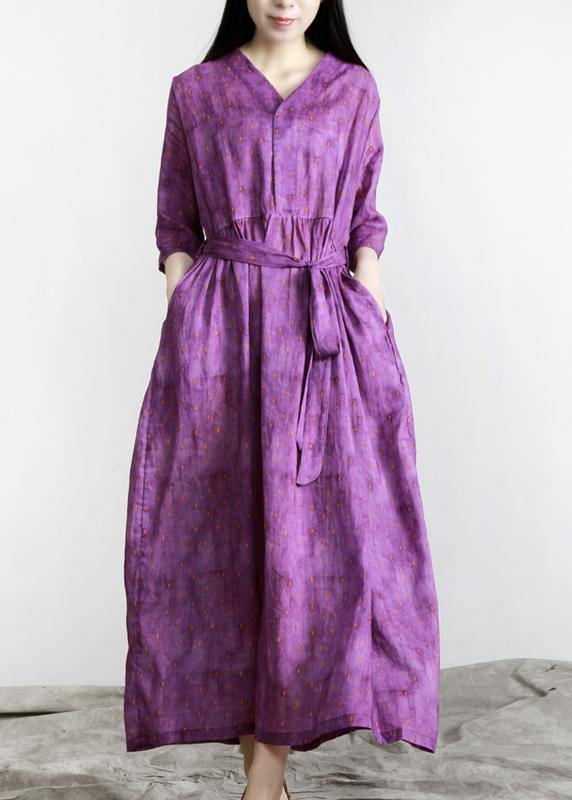 Women Purple Print Linen tie waist Summer Robe Dresses - Omychic