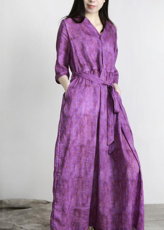 Women Purple Print Linen tie waist Summer Robe Dresses - Omychic