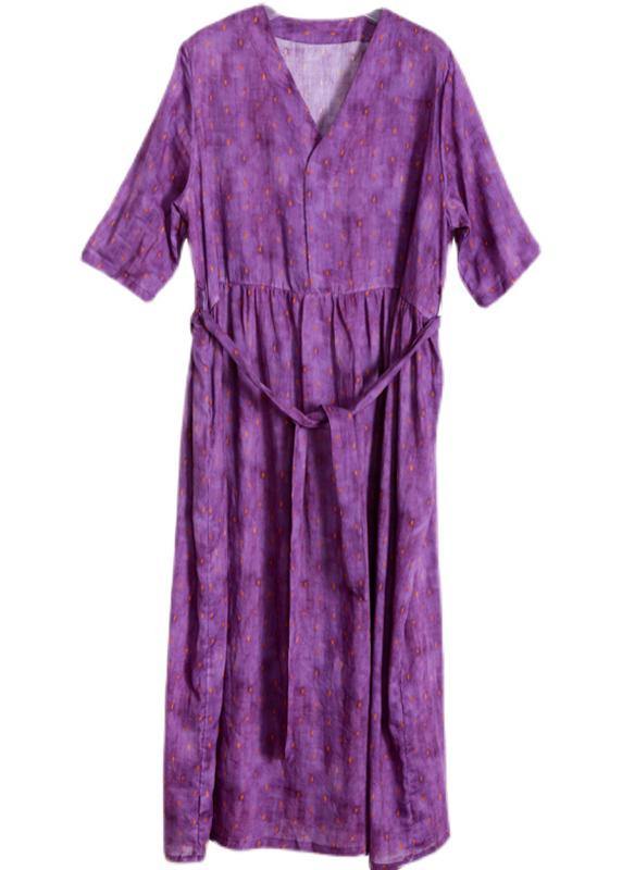 Women Purple Print Linen tie waist Summer Robe Dresses - Omychic