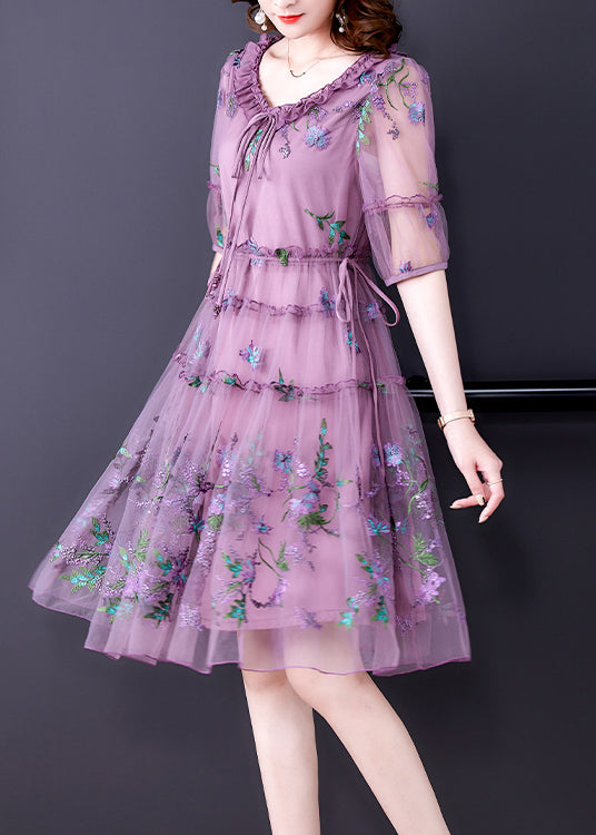 Women Purple Ruffled Tulle Patchwork Chiffon A Line Dress Half Sleeve