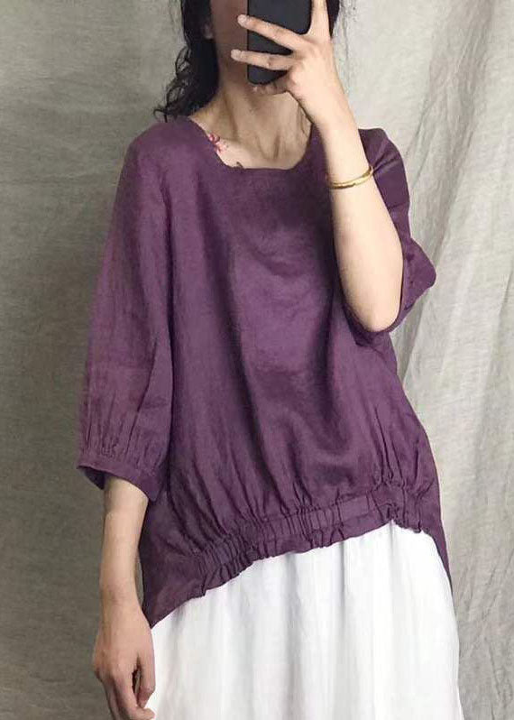 Women Purple Solid Linen Shirt Tops Half Sleeve