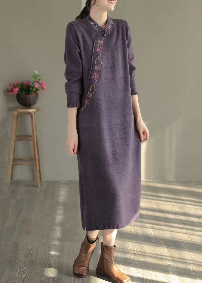 Women Purple Stand Collar Embroideried Knit Sweater Dress Winter