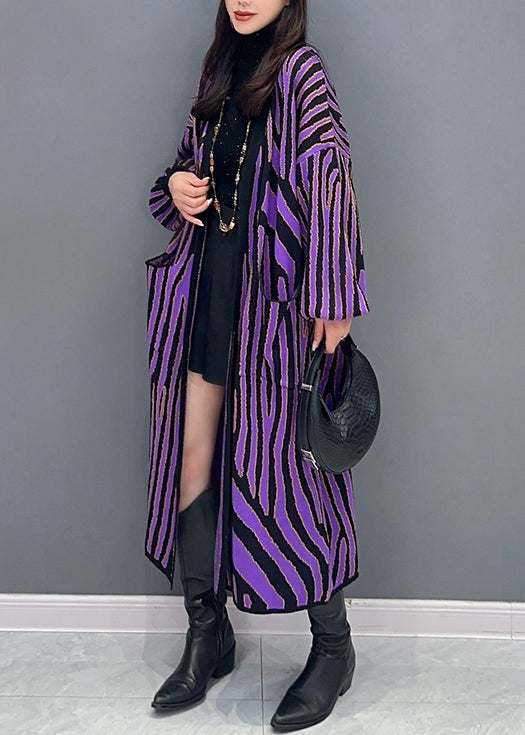Women Purple Striped Pockets Patchwork Knit Long Cardigan Fall