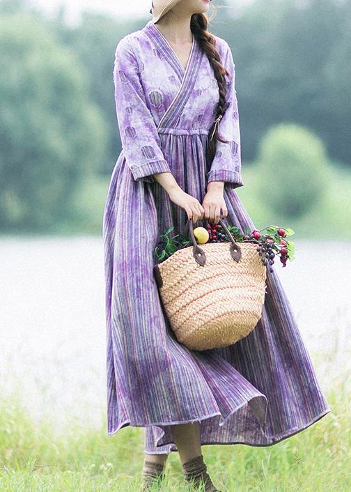 Women Purple Striped Quilting Dresses Patchwork Two Ways To Wear long Spring Dress - Omychic