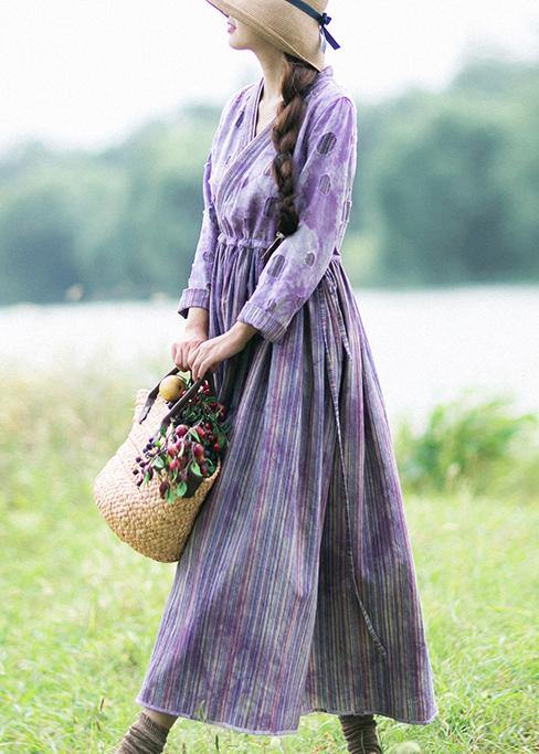Women Purple Striped Quilting Dresses Patchwork Two Ways To Wear long Spring Dress - Omychic