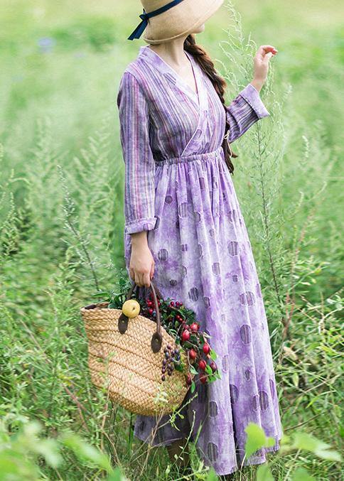 Women Purple Striped Quilting Dresses Patchwork Two Ways To Wear long Spring Dress - Omychic